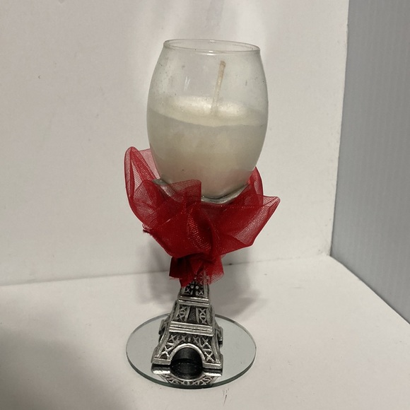 EIFFEL TOWER Wine Glass Candle Holder with Candle and Red Ribbon 4.5 inches - Picture 8 of 14